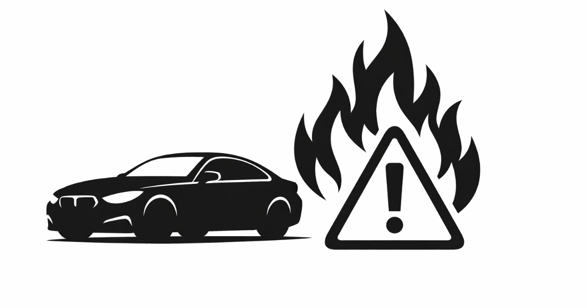 Minimal flat vector illustration of a luxury sedan in side profile with the hood slightly raised and a subtle warning symbol near the engine area, set against a white background.
