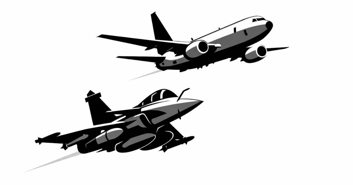 Minimal vector illustration of a fighter jet silhouette over a radar arc, symbolising India’s defence expansion and aerial surveillance capability.
