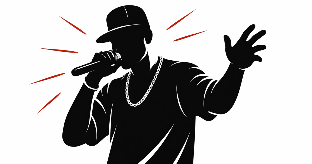 Silhouette of a rapper holding a microphone with one hand raised, depicted in a flat black vector style with subtle red accent lines on a white background.