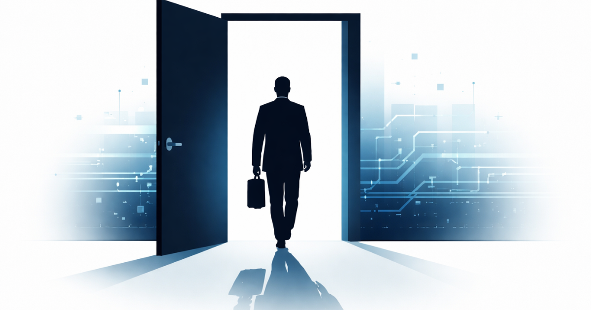 Minimal flat vector illustration of a human silhouette facing a stylized AI microchip brain, divided by a subtle line, on a white background.