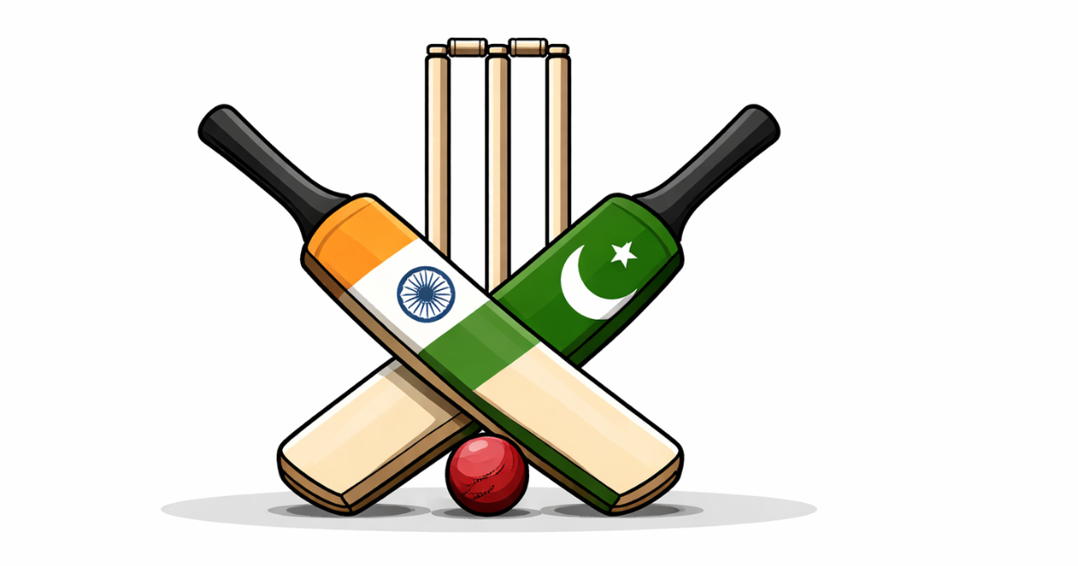 Minimal editorial illustration of two crossed cricket bats in contrasting national colors with a red cricket ball placed below them and stumps in the background on a white backdrop.