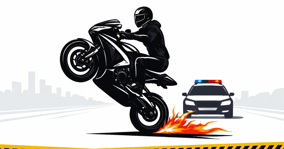Minimal flat vector illustration of a black motorcycle performing a wheelie inside a red prohibition circle on a white background, symbolizing a ban on dangerous street stunts.