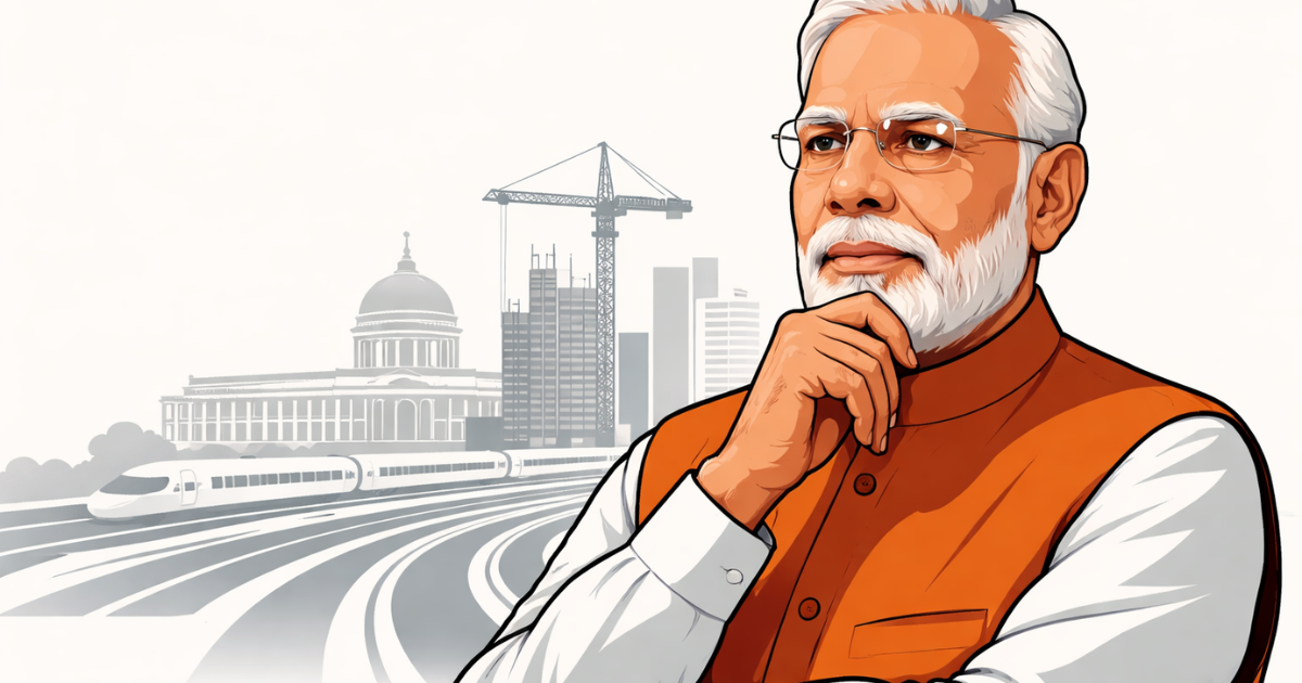 Flat vector illustration of Prime Minister Narendra Modi in a thoughtful pose, set against a minimalist backdrop of government architecture, infrastructure elements and rail lines on a white background.