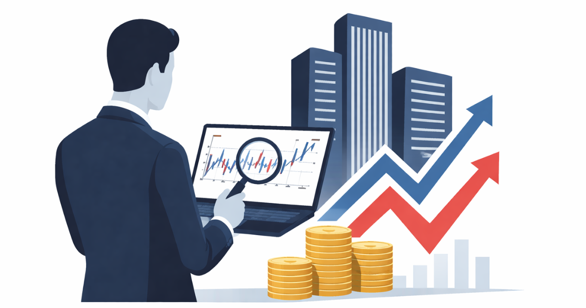 Minimal flat vector illustration of a business professional analyzing stock market charts on a laptop, with rising and falling arrows symbolizing market volatility, on a white background.