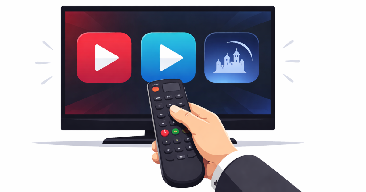 Minimal flat vector illustration of a modern television screen displaying a play icon, placed against a white background, symbolizing OTT streaming platforms and digital entertainment releases.
