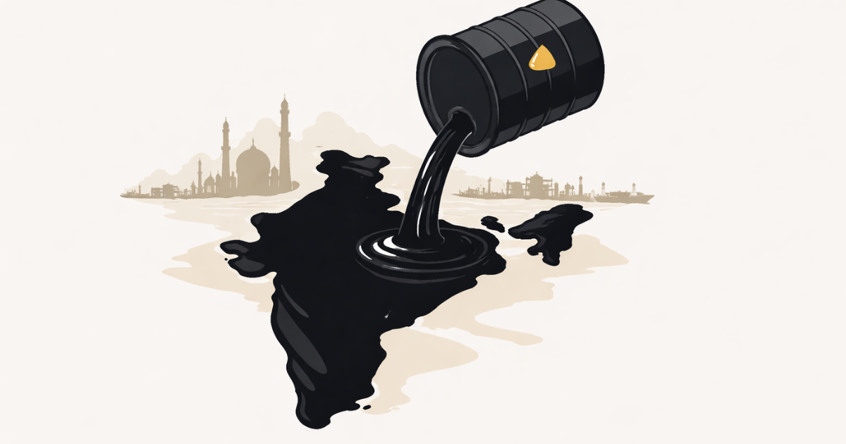 Minimal flat vector illustration of a black oil barrel casting a sharp shadow shaped like a flame, symbolizing oil price volatility amid geopolitical tensions, on a white background.