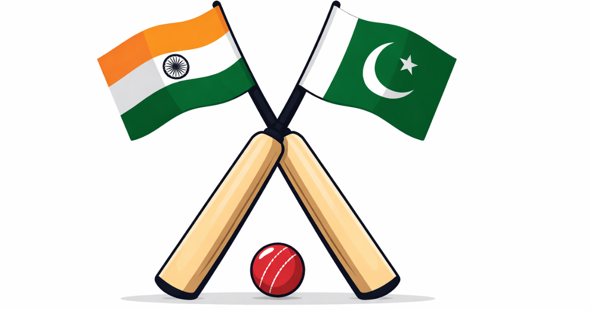 Minimal flat vector illustration of two crossed cricket bats with Indian and Pakistani flags above them and a red cricket ball below, set against a white background.