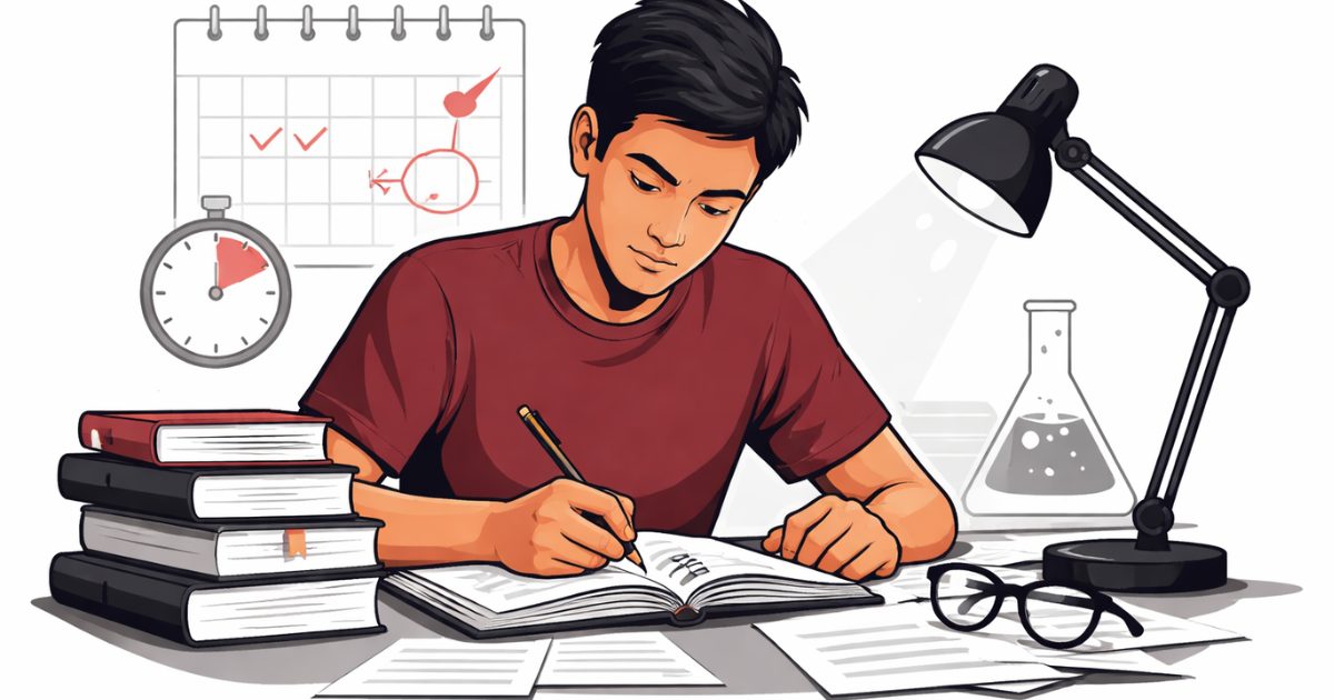 Minimal flat vector illustration of a student studying at a desk under a lamp, symbolizing focused board exam preparation on a white background.