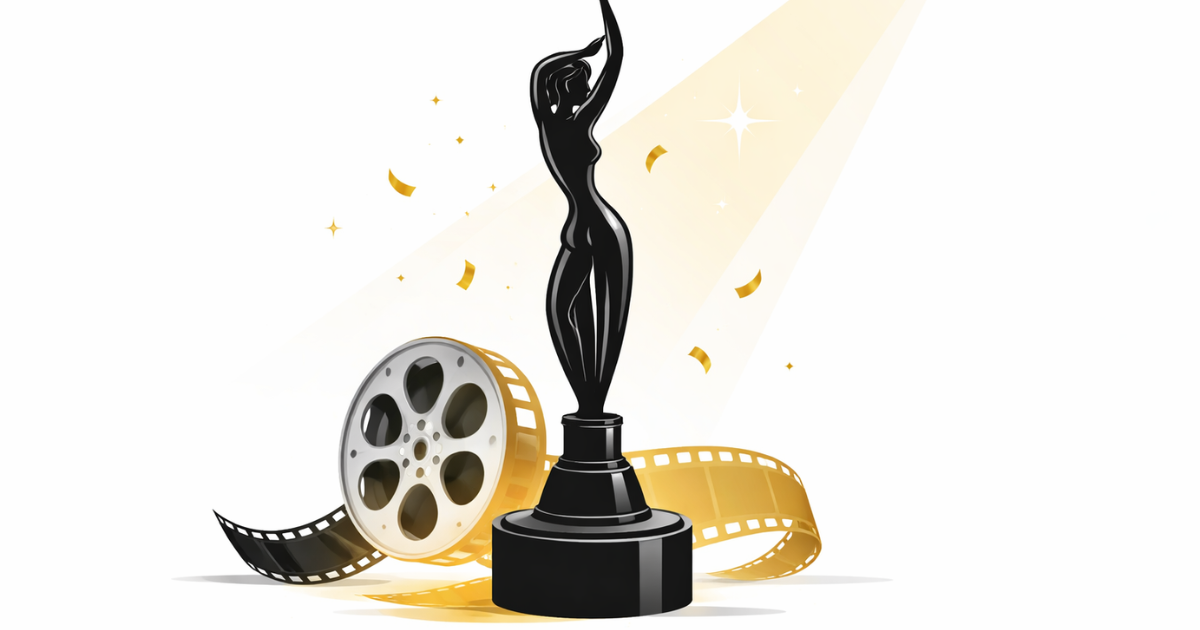 Minimal flat vector illustration of a black Filmfare-style trophy silhouette on a white background, spotlighted with high contrast lighting in a clean editorial design.