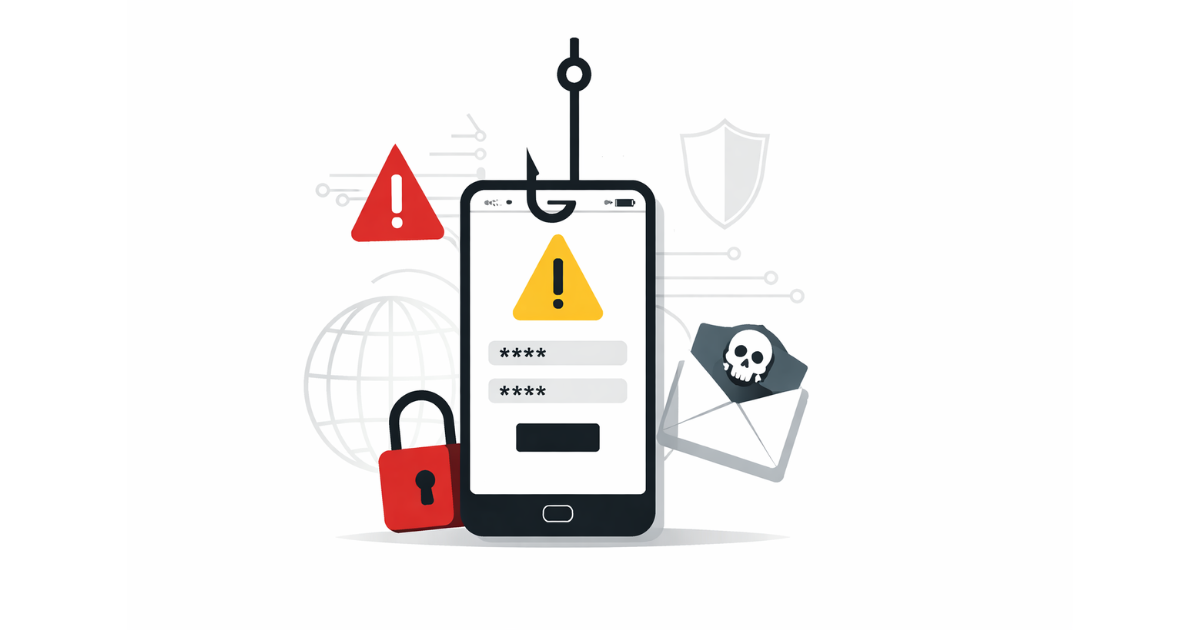 Minimal flat vector illustration of a smartphone hooked by a red phishing hook, with a warning symbol on the screen, symbolizing online fraud and cybersecurity threats against mobile users.