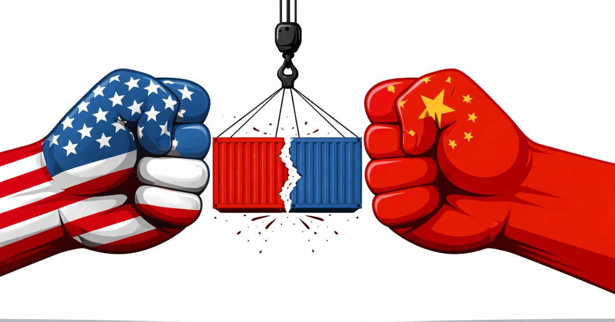 Minimal flat vector illustration of a balanced scale symbolizing US–China trade negotiations, isolated on a white background in a serious editorial style.