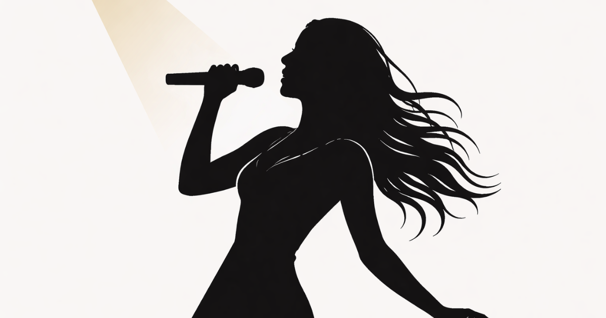 Minimal flat vector illustration of a female singer’s silhouette holding a microphone under a single spotlight, centered on a white background.