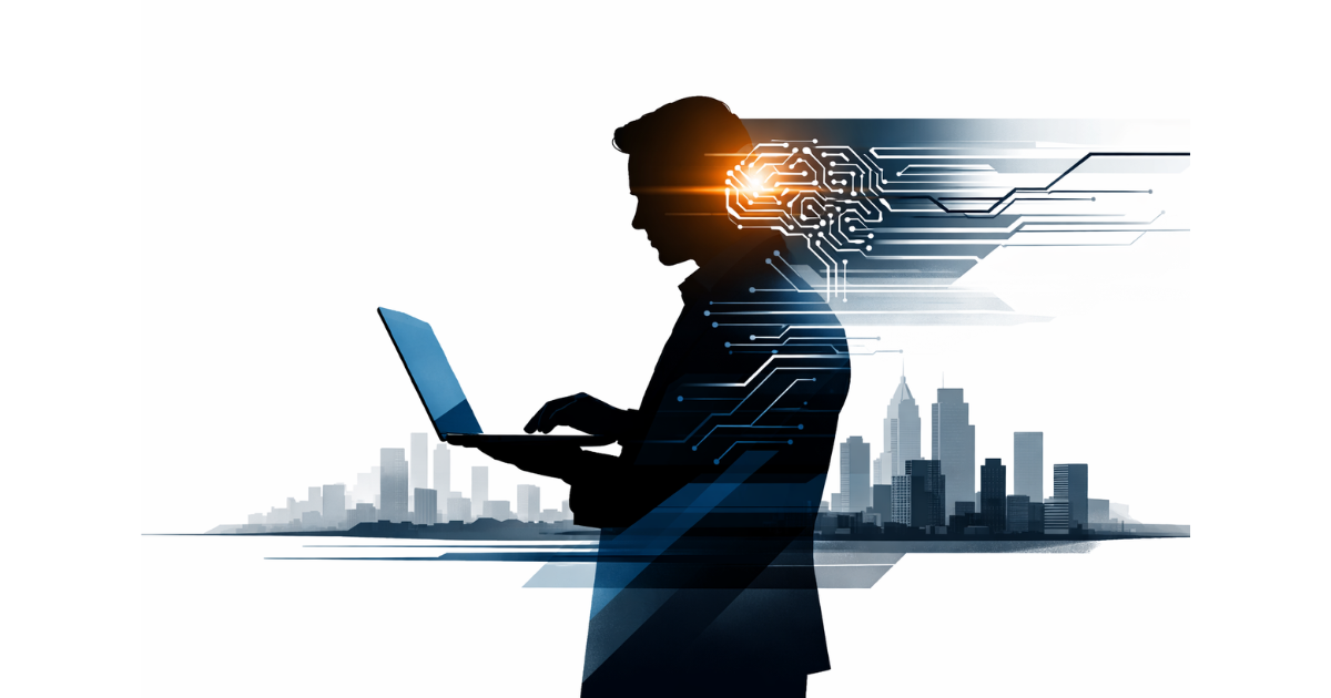 Minimal editorial illustration of a business professional silhouette using a laptop, with circuit lines flowing from the head area, symbolizing artificial intelligence integration in the tech workforce, set against a clean white background.