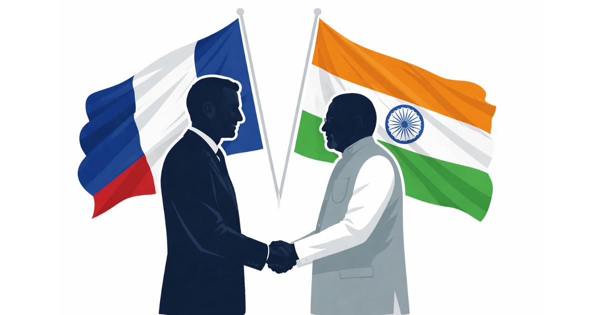 Silhouetted figures of the French and Indian leaders shaking hands, with the French and Indian national flags positioned behind them against a white background.
