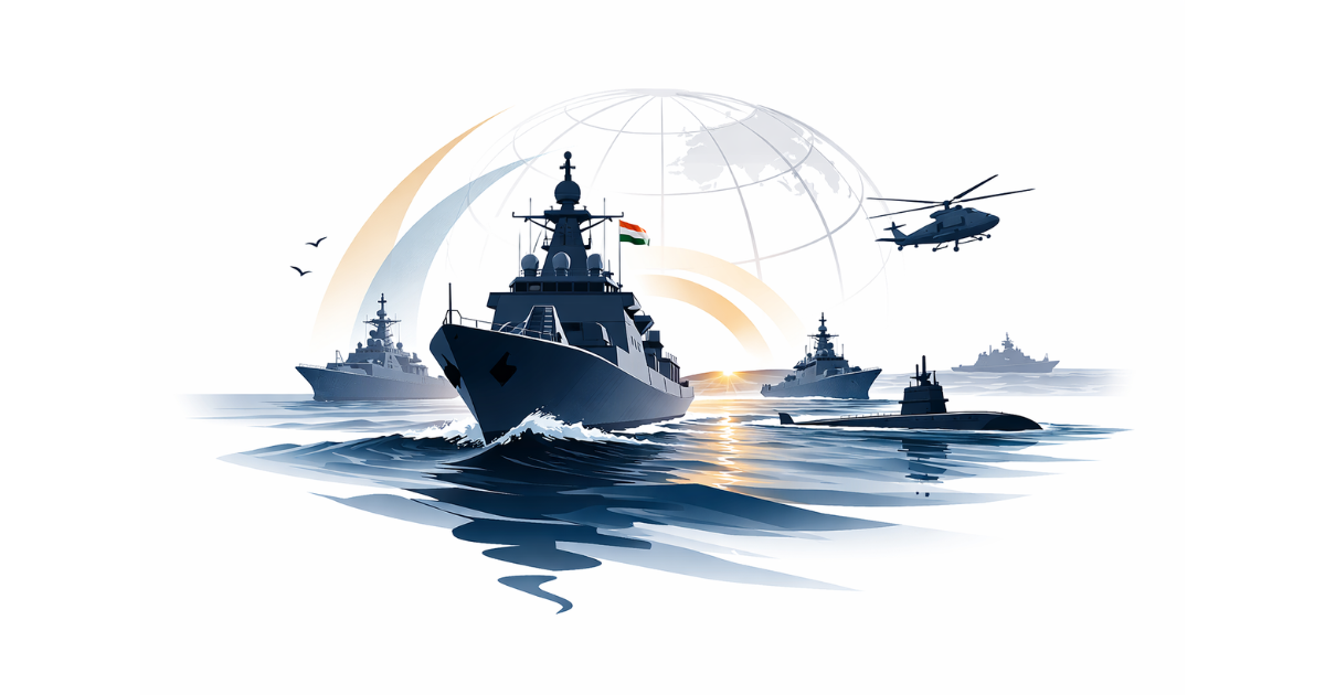 Minimal editorial-style vector illustration of a naval fleet at sea, featuring a central warship silhouette with supporting ships, a submarine and a helicopter against a white background, symbolising global maritime cooperation.