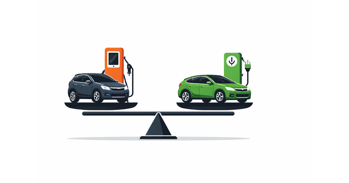 Minimal flat vector illustration of two simplified car silhouettes facing opposite directions, symbolizing the comparison between petrol and hybrid vehicles, on a white background.