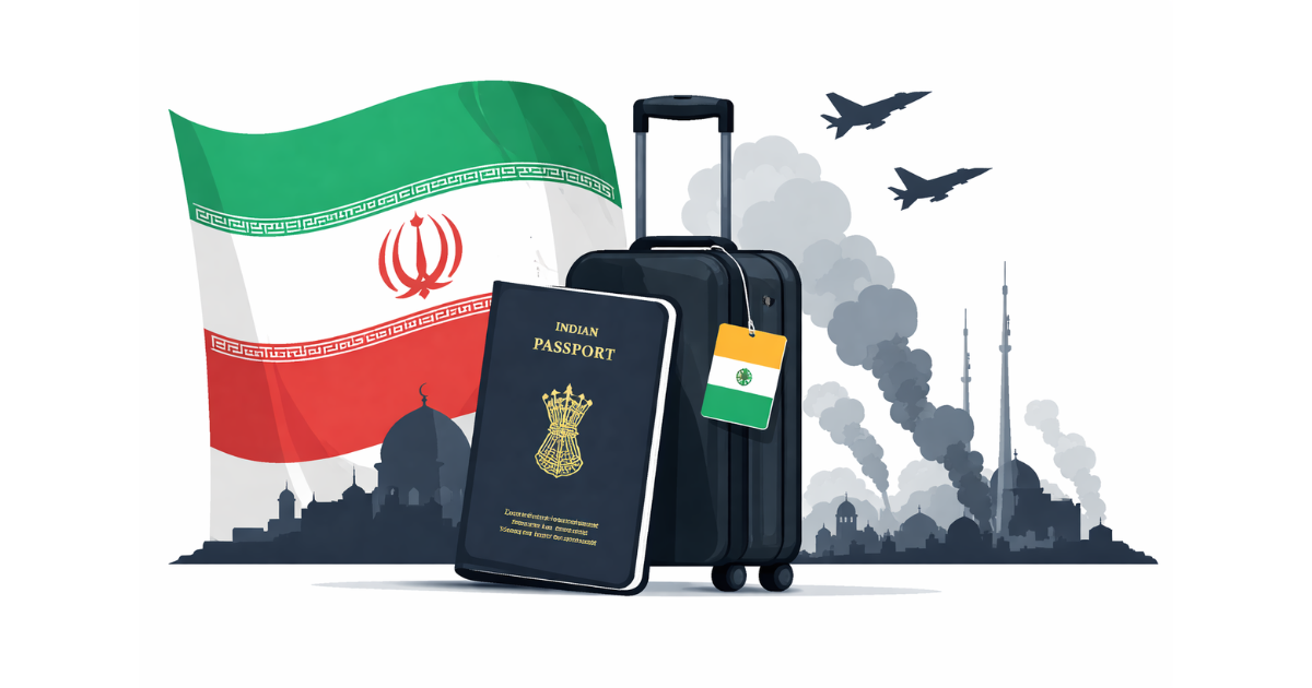 Minimal flat vector illustration of a lone commercial airplane ascending against a white background with a faint red gradient horizon, symbolising an international travel advisory and regional tension.