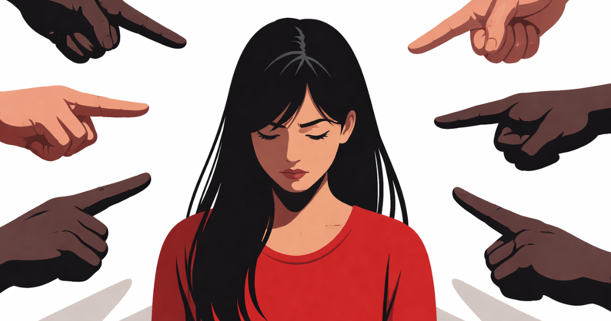 Minimal flat vector illustration of a solitary human silhouette standing upright against a stark white background, with a bold shadow cast behind it to symbolize racial discrimination and public scrutiny.