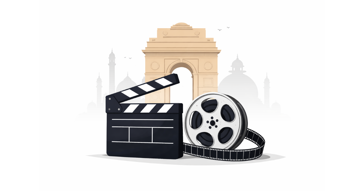 Minimal flat vector illustration of a film clapperboard and film reel placed in front of India Gate silhouette on a white background, symbolizing the Delhi International Film Festival.