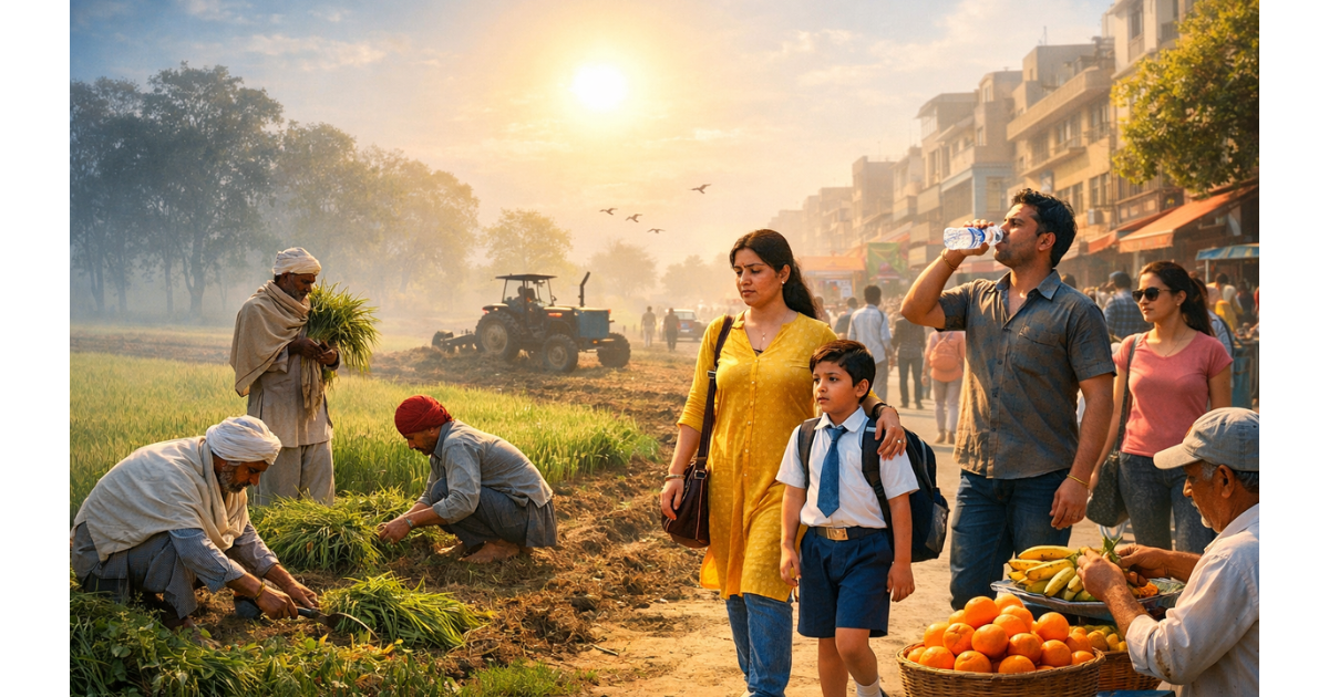 Seasonal weather transition in February showing mild winter mornings, warmer afternoons, farmers working in fields, and people adjusting daily routines across urban and rural India.