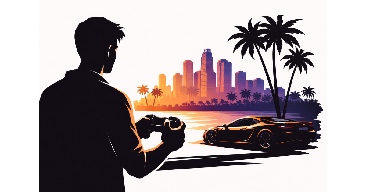 Silhouette of a gamer holding a controller facing a stylized coastal city skyline with palm trees and a sports car in a high-contrast, minimal flat vector style on a white background.