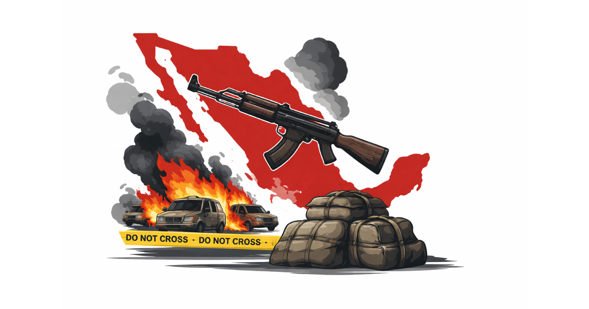 Minimal editorial illustration of a red silhouette map of Mexico with a black rifle placed diagonally across it, smoke rising in the background, symbolising cartel violence and national security tensions.