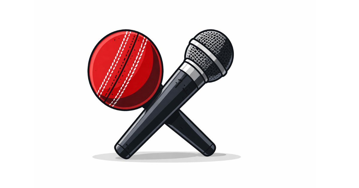 Minimal flat vector illustration of a red cricket ball crossed with a black handheld microphone on a white background, symbolising cricket commentary and media coverage.