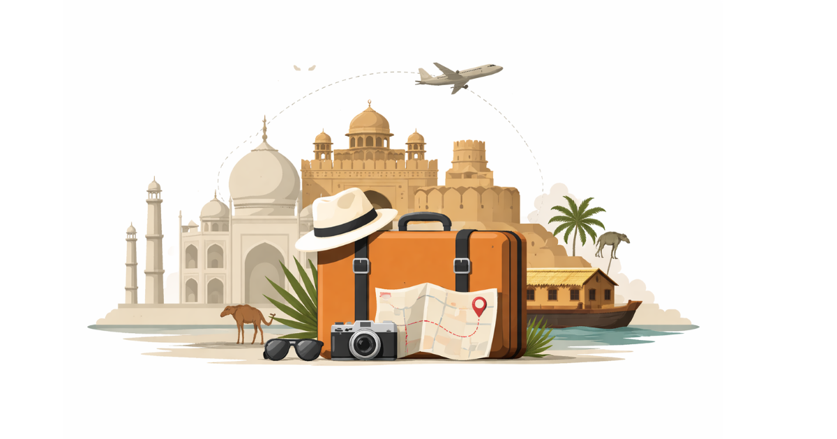 Minimal flat vector illustration of a small suitcase with a location pin symbol, centered on a white background, representing February travel in India.