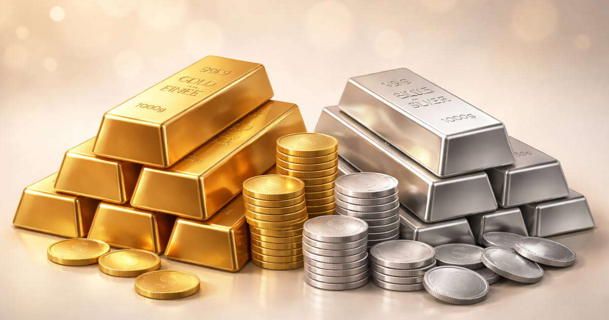 Minimalist illustration of a gold bar and a silver bar placed on a neutral background, symbolising gold and silver prices in India.