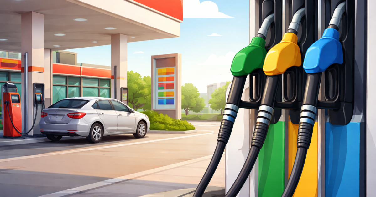 A simple illustration of a fuel station with petrol and diesel pumps under a clear sky, representing daily fuel prices in India.