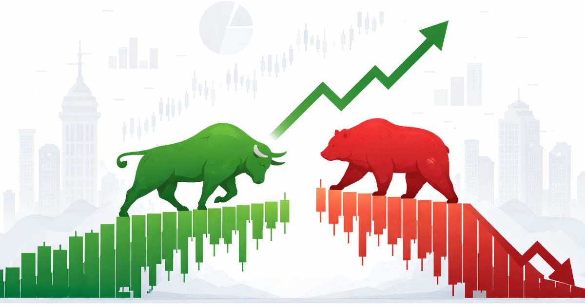 Minimal illustration showing a green bull and a red bear facing each other over simplified stock market charts, representing mixed movement in Indian equities.