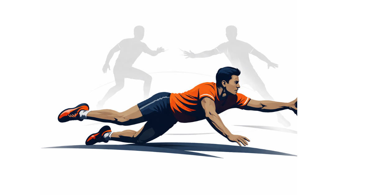 Minimal flat vector illustration of a kabaddi player diving forward in action against a white background, symbolizing the intensity and competitive spirit of the Pro Kabaddi League.