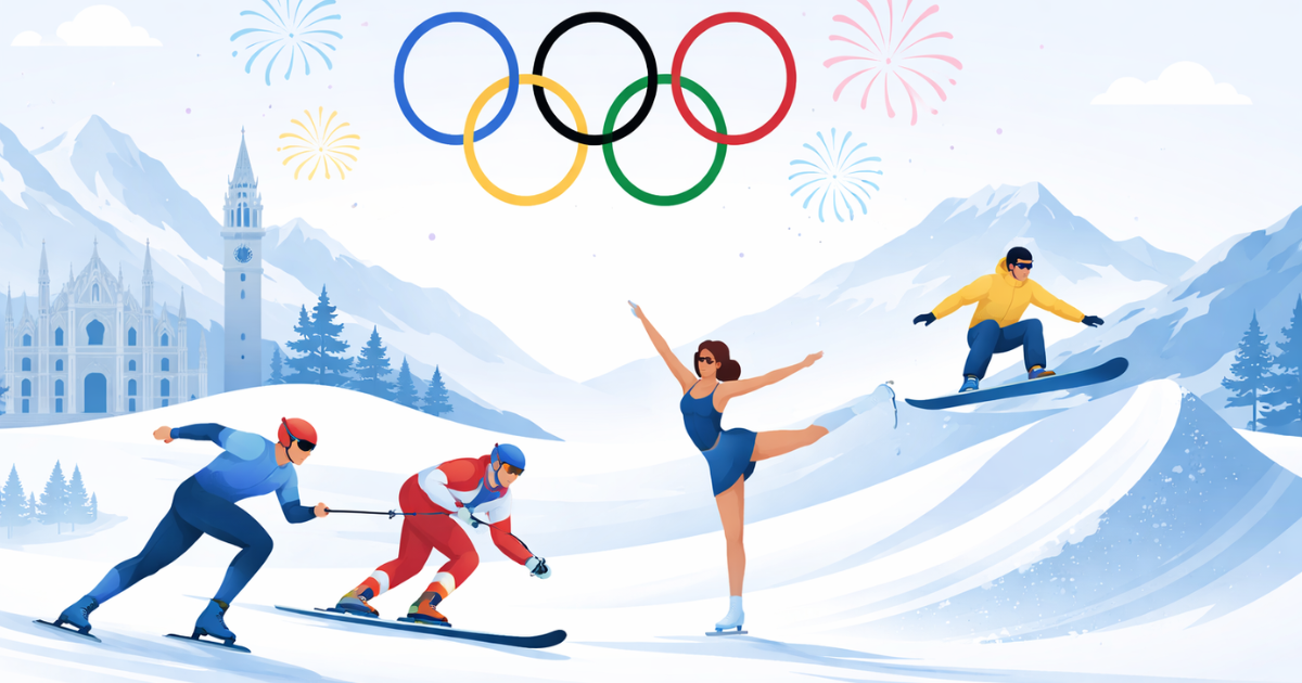 Minimal illustration showing winter sports athletes competing against snowy mountains in Milan–Cortina 2026 setting