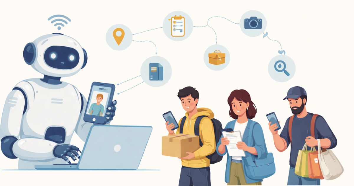 Minimal illustration showing a human silhouette interacting with abstract AI circuitry, symbolising human–AI collaboration.