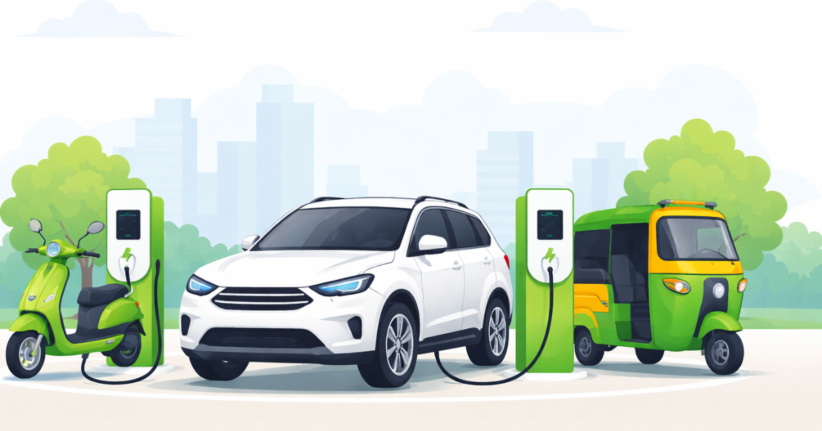 Simple illustration showing an electric car and electric scooter on a city road, representing India’s shift toward electric mobility.