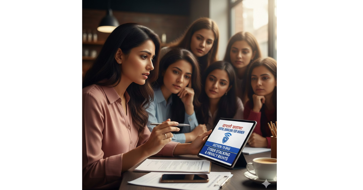 Illustration showing a woman using a smartphone securely while digital warning symbols and legal icons represent protection against cyber stalking under Section 78 of the Bharatiya Nyaya Sanhita.
