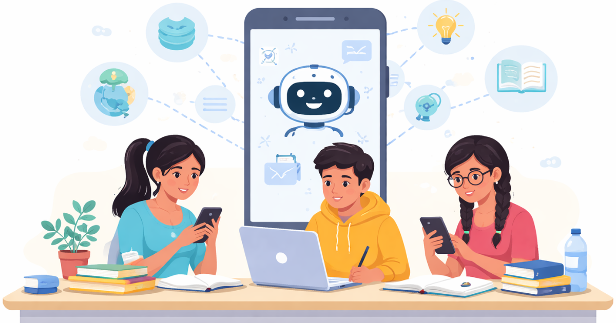 Illustration of Indian students using smartphones and a laptop for AI-assisted learning in a classroom setting.