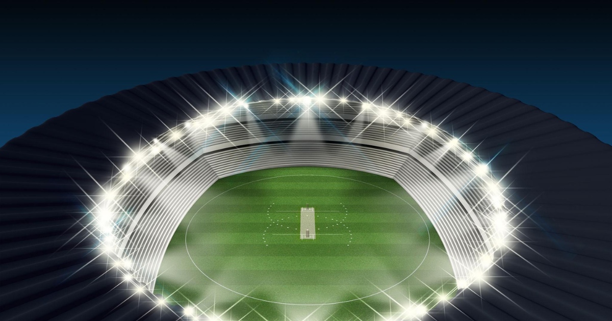 A simple illustration of a floodlit cricket stadium with players’ silhouettes, representing a high-profile international match atmosphere.