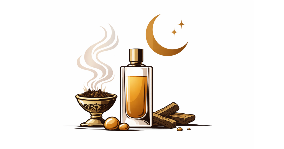 Minimal editorial illustration of a perfume bottle and incense symbolizing Ramadan fragrance traditions.