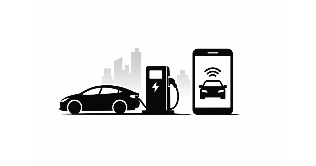 Minimal editorial illustration showing an electric vehicle connected to a charging source, symbolizing the transition to electric mobility and automotive technology trends.