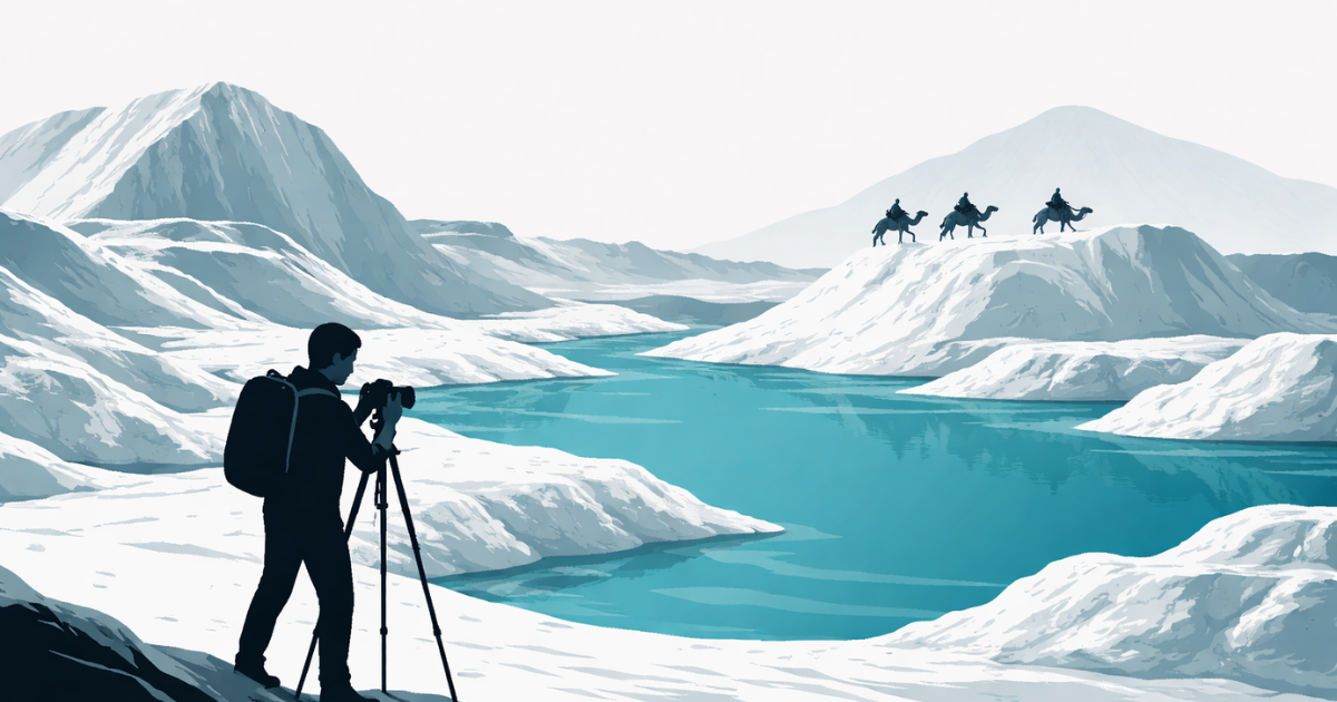 Minimal editorial illustration showing Rajasthan’s marble slurry landscape resembling a moon-like terrain with pale white hills and blue water.