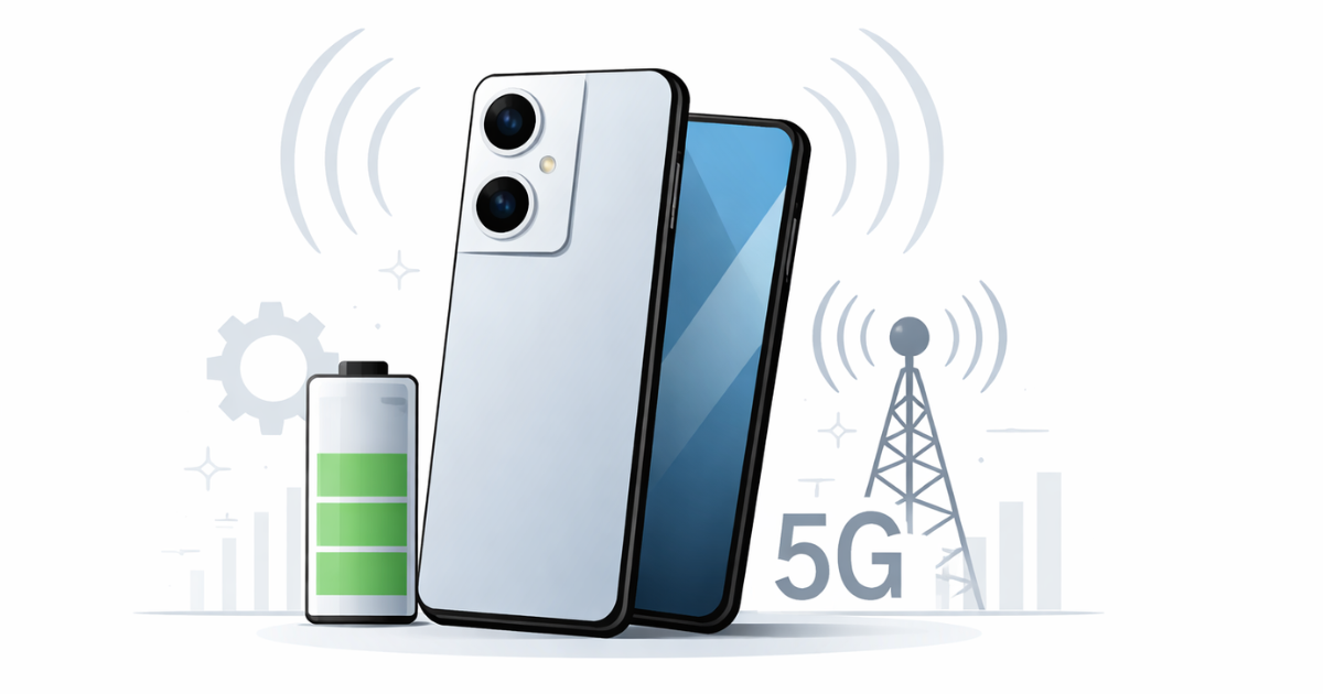 Minimal editorial illustration of a modern 5G smartphone with emphasis on battery power and connectivity on a white background.