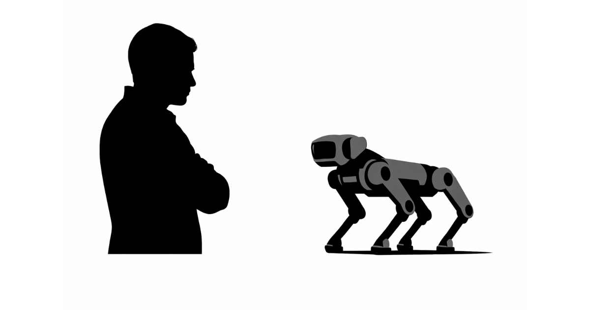 Minimal flat vector illustration of a single dark podium with a microphone facing a subtle AI circuit pattern in the background, set against a clean white backdrop.