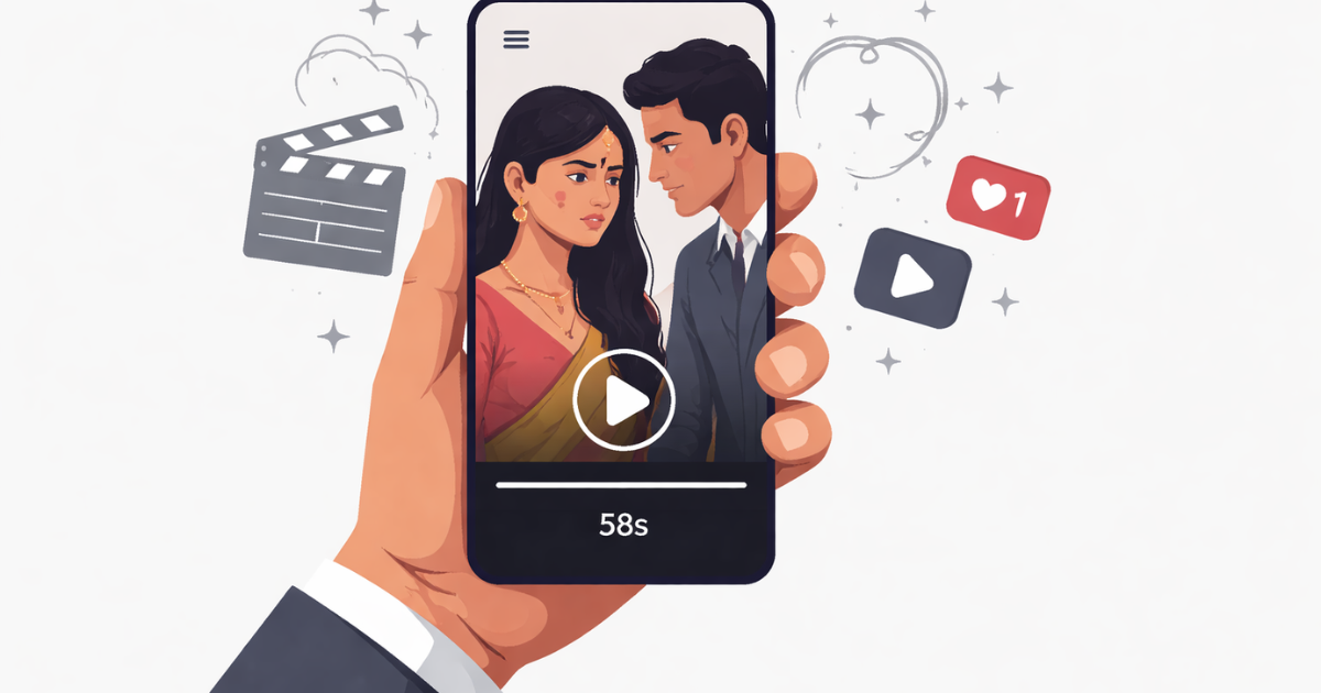A minimalist editorial illustration of a hand holding a smartphone with a vertical drama scene on the screen, symbolizing short-form digital storytelling on mobile platforms.