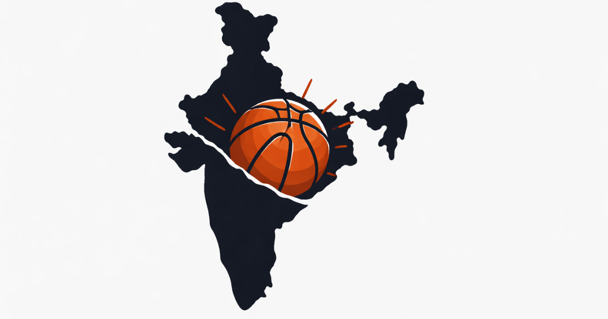 Minimal illustration showing a basketball emerging from the map of India on a white background