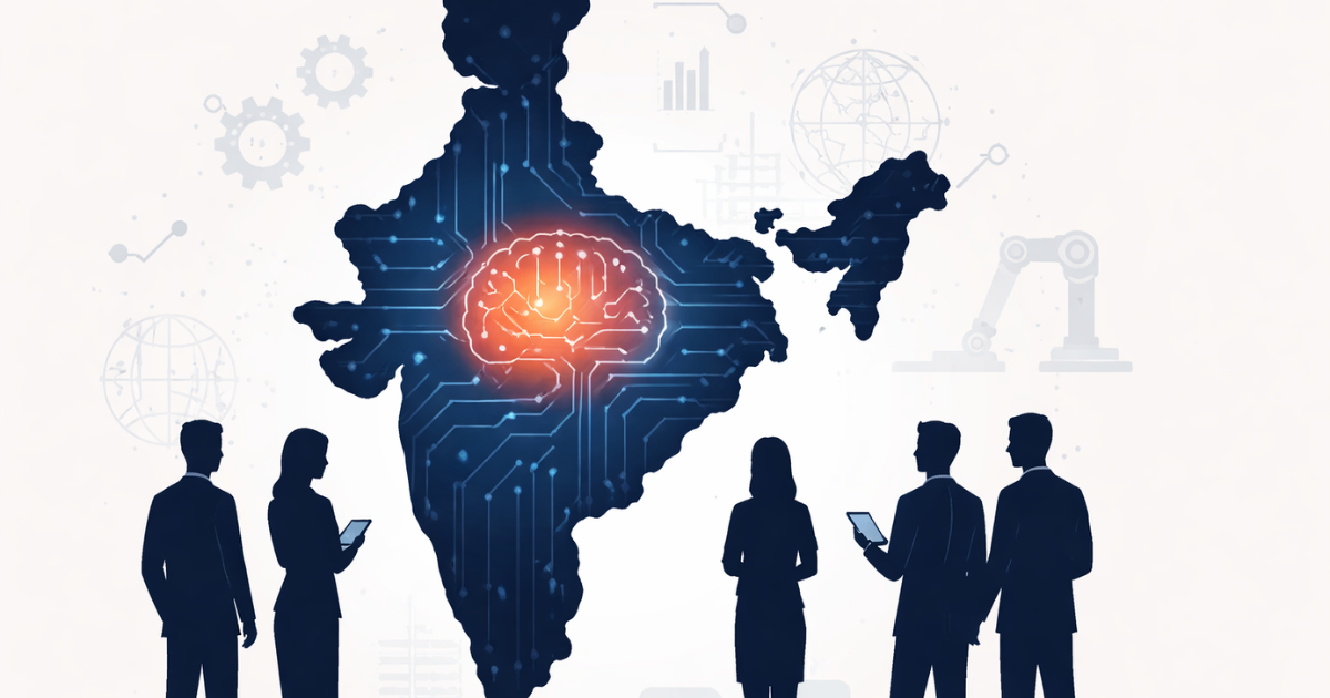 Minimal flat vector illustration of India’s map with a glowing AI brain made of circuit lines at the center, symbolizing artificial intelligence leadership, with silhouetted professionals observing against a white background.