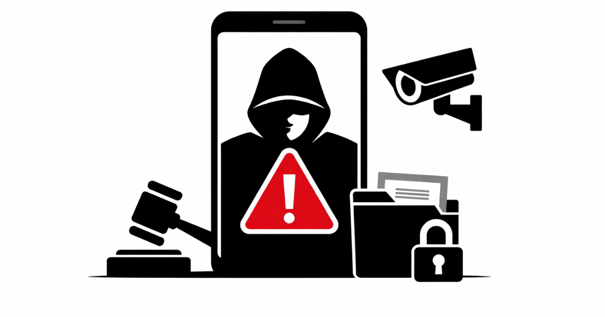 Minimal vector illustration of a smartphone displaying a hooded figure with a red warning symbol, alongside a gavel, surveillance camera, and locked folder on a white background.