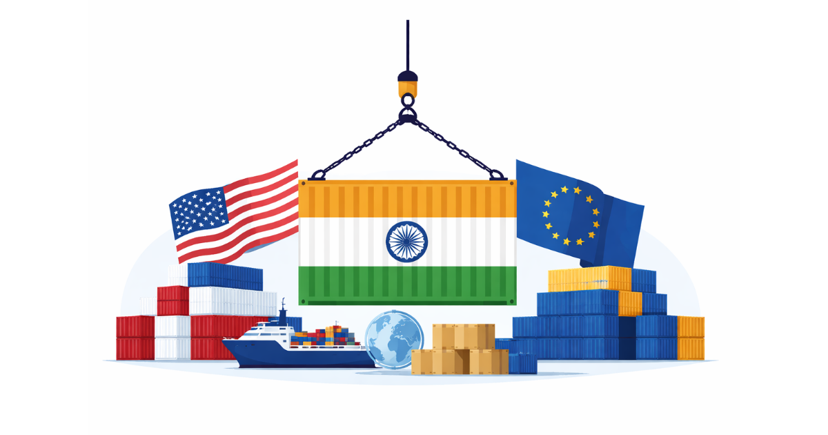 Minimal flat vector illustration showing a suspended shipping container in India’s tricolour between the United States and European Union flags, symbolising international trade relations, on a white background.