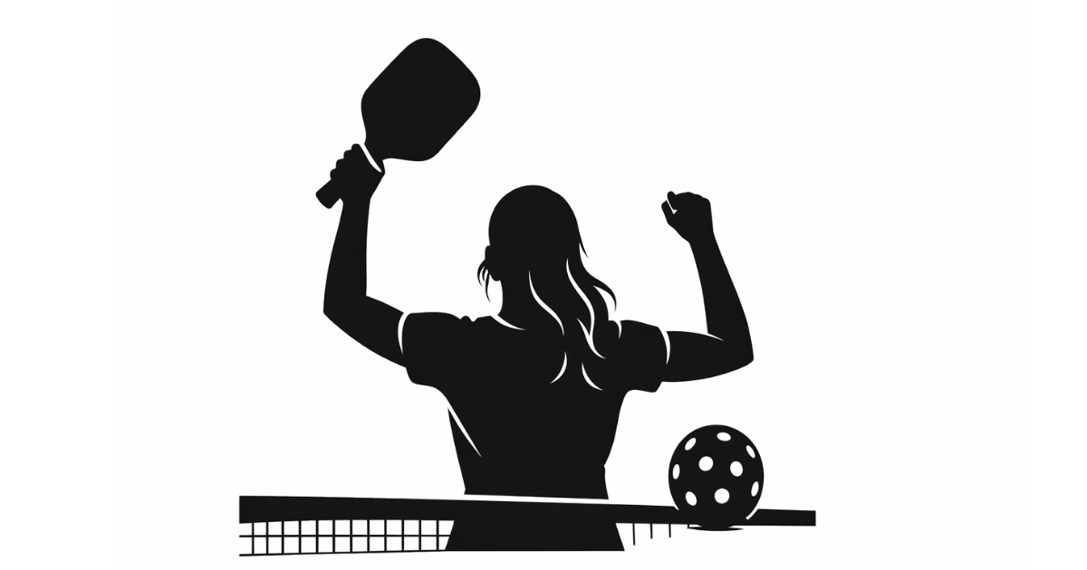 Minimal flat vector illustration of a female figure seated in stadium stands, clapping while holding a pickleball paddle, set against a plain white background.