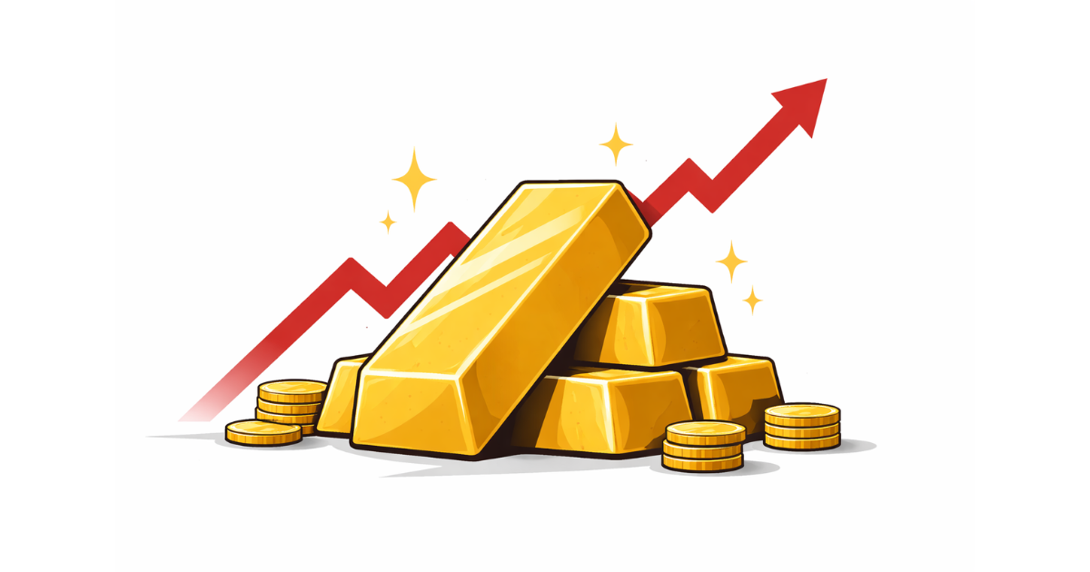 Minimal flat vector illustration of a single gold bar placed on a white background, symbolizing rising gold prices and financial markets.